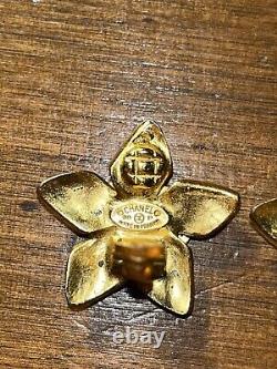 Vintage Authentic Gold Plated Chanel Flower Clip on Earrings
