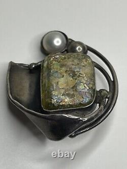 Vintage Avi Soffer Signed Sterling Silver Roman Glass Pearl Clip On Earrings