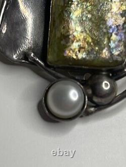 Vintage Avi Soffer Signed Sterling Silver Roman Glass Pearl Clip On Earrings