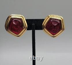 Vintage Avon Red Lucite Clip On Earrings Gold Tone Art Deco Style Large Clip Ons