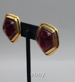 Vintage Avon Red Lucite Clip On Earrings Gold Tone Art Deco Style Large Clip Ons