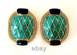 Vintage BALENCIAGA Green Blue Enamel Gold Clip-On Earrings