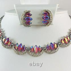 Vintage BOGOFF Signed Pink Aurora Borealis Rhinestone Necklace & Clip Earrings