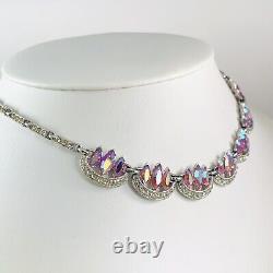 Vintage BOGOFF Signed Pink Aurora Borealis Rhinestone Necklace & Clip Earrings