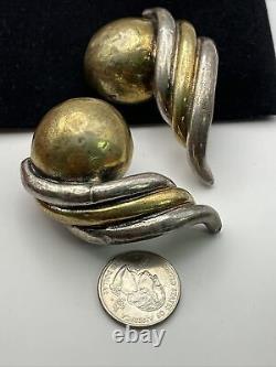 Vintage Bat Ami Signed HUGE Sterling Silver Brass Israel Modernist Earrings Clip