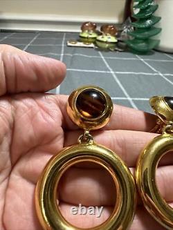 Vintage Ben Amun Cabochon Dangle Gold Tone Clip Earrings