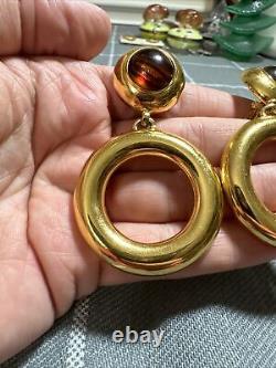 Vintage Ben Amun Cabochon Dangle Gold Tone Clip Earrings