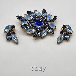 Vintage Blue Givre Brooch Clip On Earrings Set Rhinestone Gold Tone WOW