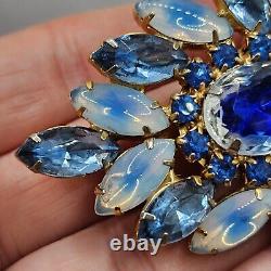 Vintage Blue Givre Brooch Clip On Earrings Set Rhinestone Gold Tone WOW