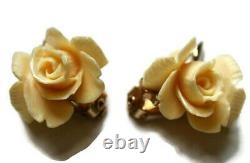 Vintage Boucher Designer Signed Jewelry Flower Earrings Cream Gold Tone Clip