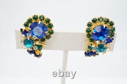 Vintage Brooch Clip On Earrings Set Gold Tone Blue Green Aurora Borealis Flower