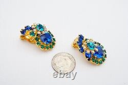 Vintage Brooch Clip On Earrings Set Gold Tone Blue Green Aurora Borealis Flower