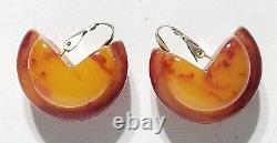 Vintage Butterscotch & Amber Swirl Bakelite Pac Man Ribbed Clip On Earrings