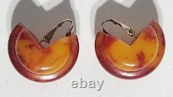Vintage Butterscotch & Amber Swirl Bakelite Pac Man Ribbed Clip On Earrings