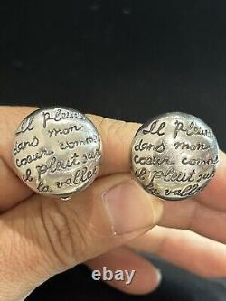 Vintage Button Stud Clip Earrings French Poem Silver Signed 925