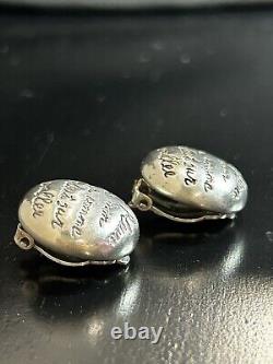 Vintage Button Stud Clip Earrings French Poem Silver Signed 925