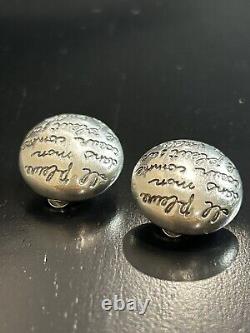 Vintage Button Stud Clip Earrings French Poem Silver Signed 925