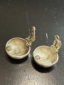 Vintage Button Stud Clip Earrings French Poem Silver Signed 925