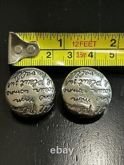 Vintage Button Stud Clip Earrings French Poem Silver Signed 925