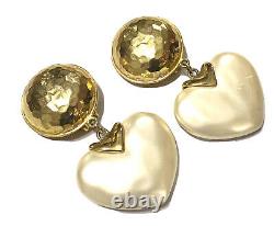 Vintage CAROLEE Gold Tone Faux Pearl Heart Dangle Clip On Earrings