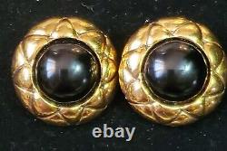 Vintage CHANEL Clip on Earrings, Gold Plated & Onyx