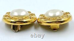 Vintage CHANEL Round Faux Pearl Gold CC Logo Trim Clip On Earrings