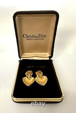 Vintage CHRISTIAN DIOR © Double Heart Pave Crystals Gold Tone Clip-On Earrings