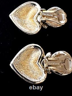 Vintage CHRISTIAN DIOR © Double Heart Pave Crystals Gold Tone Clip-On Earrings
