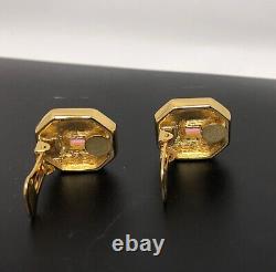 Vintage CHRISTIAN DIOR cream enamel pink white crystals gold tone clip earrings