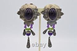 Vintage Cabochon Clip Earrings Dangle Purple Gripoix Leaf Chunky 1980s BinX