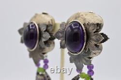 Vintage Cabochon Clip Earrings Dangle Purple Gripoix Leaf Chunky 1980s BinX