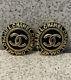 Vintage Chanel Button Earrings CC Logo & Letters Black & Gold Clip Ons Rare