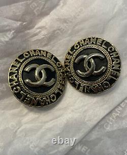Vintage Chanel Button Earrings CC Logo & Letters Black & Gold Clip Ons Rare