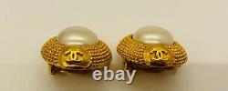 Vintage Chanel Faux Pearl Earrings Clip CC Logo With Gold Tone
