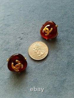 Vintage Chanel Gripoix Glass Red Amber Heart CC Logo Clip On Earrings