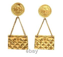 Vintage Chanel Quilted Bag 2.55 Motif C Logo Dangle Clip On Fashion Earrings