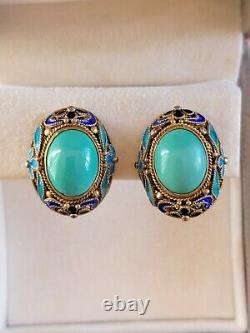 Vintage Chinese Sterling Silver Turquoise Earrings Clips