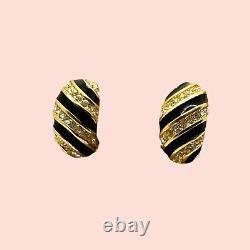 Vintage Chr. Dior Swarovski Crystal Gold Plate Black Enamel Hoop Clip Earrings