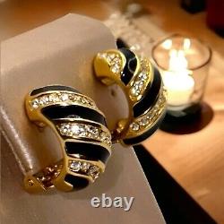 Vintage Chr. Dior Swarovski Crystal Gold Plate Black Enamel Hoop Clip Earrings