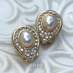 Vintage Chr. Dior Swarovski Crystal Gold Plate Faux Pearl Teardrop Clip Earrings