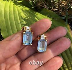Vintage Christian Dior Blue Crystal Rhinestone Gold Tone Clip On EARRINGS Signed