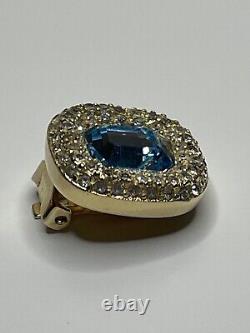 Vintage Christian Dior Blue Rhinestone Gold Tone Clip On Earrings