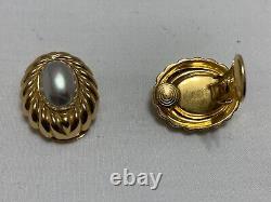 Vintage Christian Dior Clip On Earrings Faux Pearl Oval Gold Tone