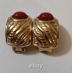 Vintage Christian Dior Clip On Earrings Goldtone With Orange Stone