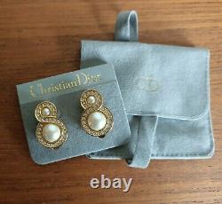 Vintage Christian Dior Germany Clip On Earrings Gold tone Rhinestones Pearl MINT