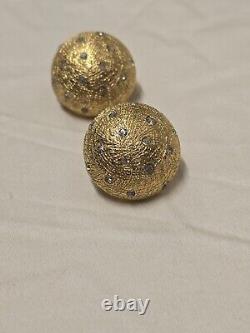 Vintage Christian Dior Gold Brushed tone Rhinestone Domed Clip On Earrings #314