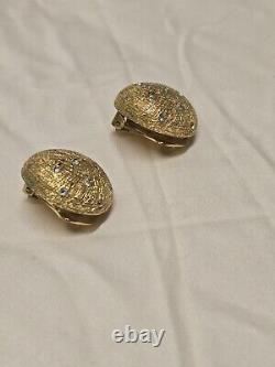 Vintage Christian Dior Gold Brushed tone Rhinestone Domed Clip On Earrings #314