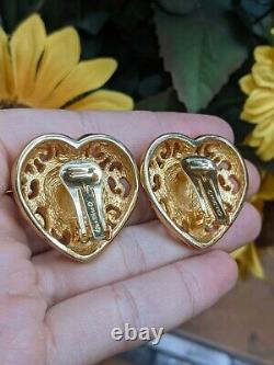 Vintage Christian Dior Gold Tone Heart Crystal Rhinestone Clip On Earrings Read