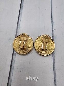 Vintage Christian Dior Gold Tone Insignia Monorgram Clip On Earrings 1.75