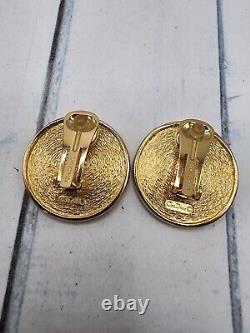 Vintage Christian Dior Gold Tone Insignia Monorgram Clip On Earrings 1.75